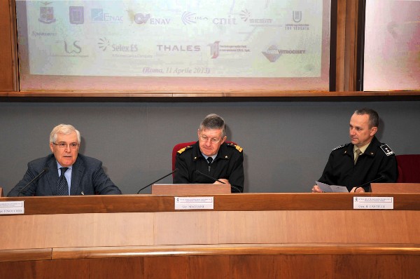 Welcoming the audience to the April conference are Lt. Gen. Carlo Magrassi, ITAF (c), operational commander of Italian Air Force and chairman of the European Union Civil/Military Coordination Committee; Lt. Gen. Pietro Finocchio, ITAF (Ret.) (l), chapter president; and Maj. Gen. Umberto Castelli, ITAF, commander of the School of Transmissions and Informatics of the Italian Army.